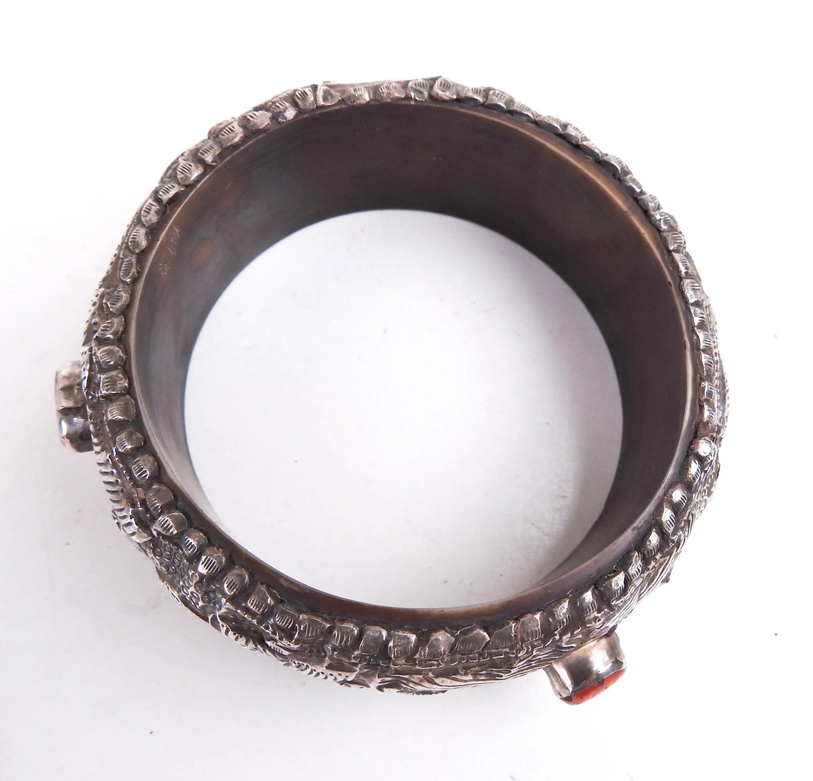 Vintage Tribal Repousse Silver and Coral Bracelet - 4