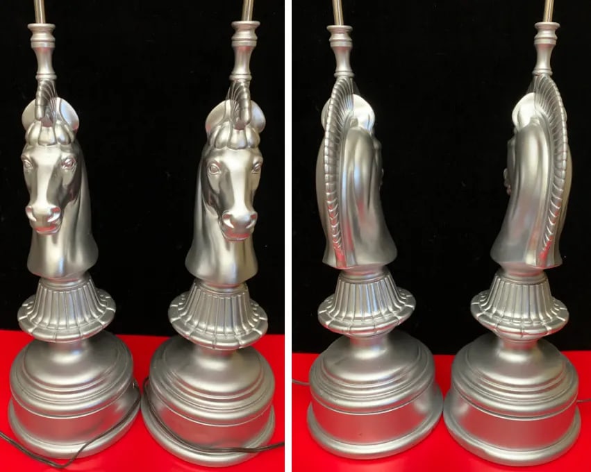 Mid-Century Silver-Toned Brass Lamps Chess Knight Design- Pair - 7