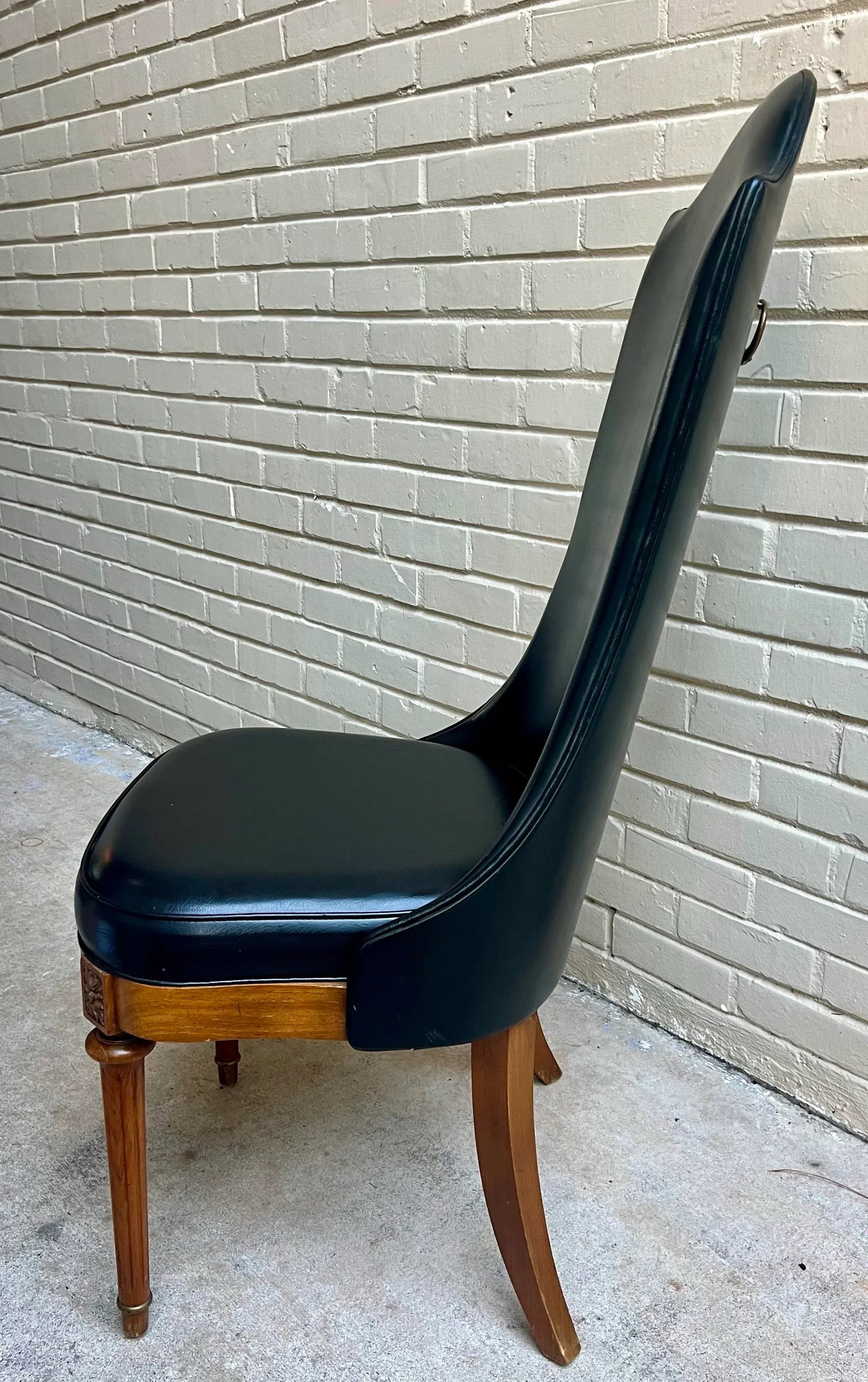 Chic Vintage Hollywood Regency Black Leather Side Chair With Brass Handle - 7