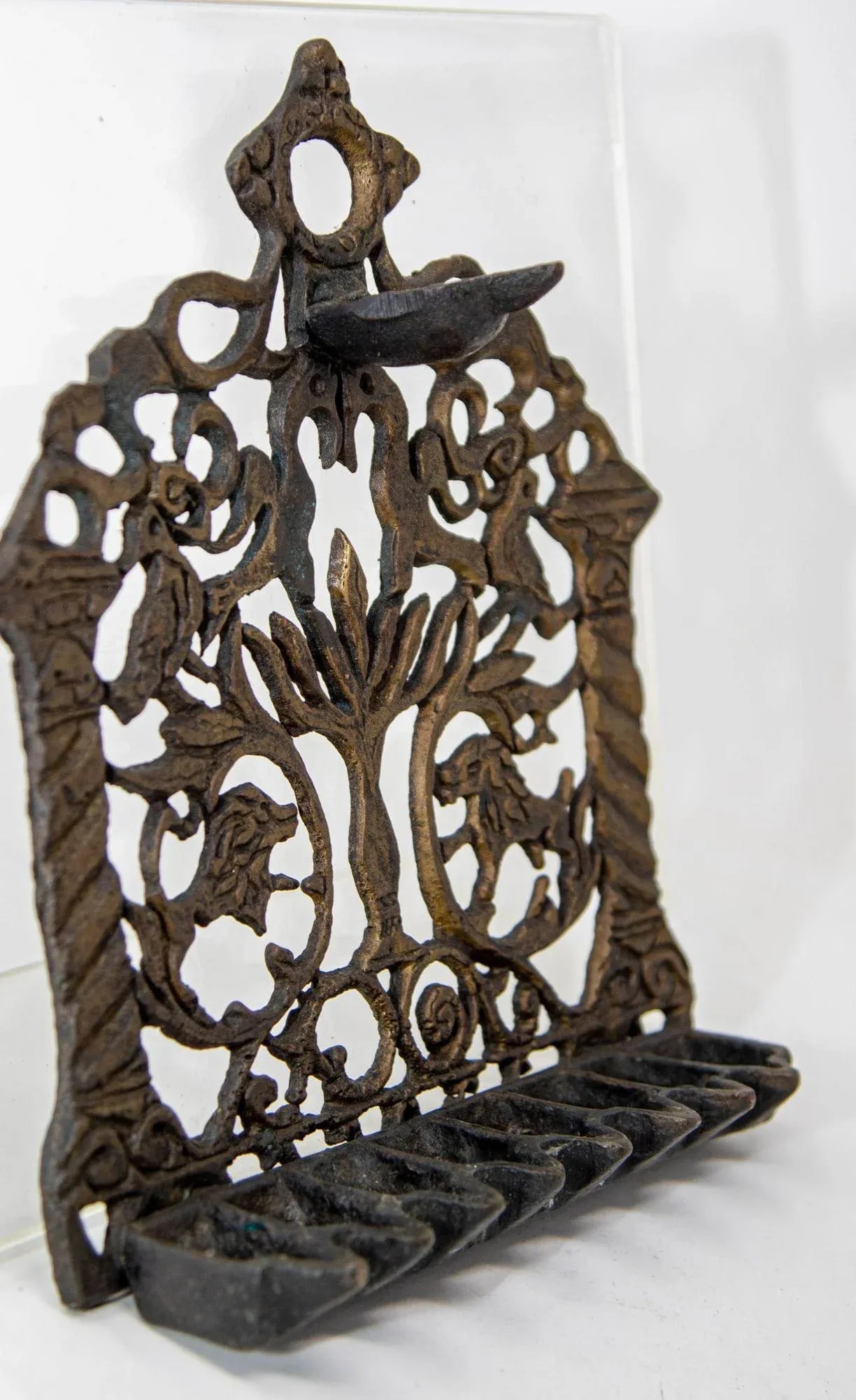 North-African Brass Hanukkah Lamp Menorah Oil Lamp Judaica Morocco 19th Century - 11