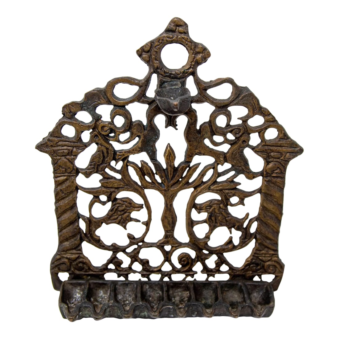North-African Brass Hanukkah Lamp Menorah Oil Lamp Judaica Morocco 19th Century: 19th Century North-African Brass Hanukkah Lamp Menorah with original patina. Hanukkah Oil Lamp Judaica Jewish cast Metal Bronze Hanukkah Menorah with birds, lions and flowers. Cast brass Hanukkah