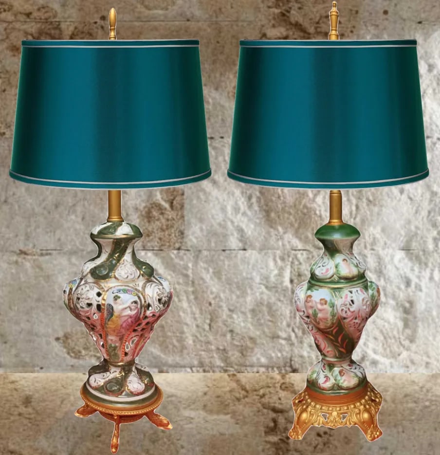 Mid-Century Capodimonte Green Porcelain Table Lamps: Cherub Maidens a Pair - 10