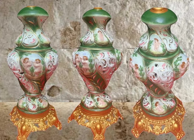 Mid-Century Capodimonte Green Porcelain Table Lamps: Cherub Maidens a Pair - 12