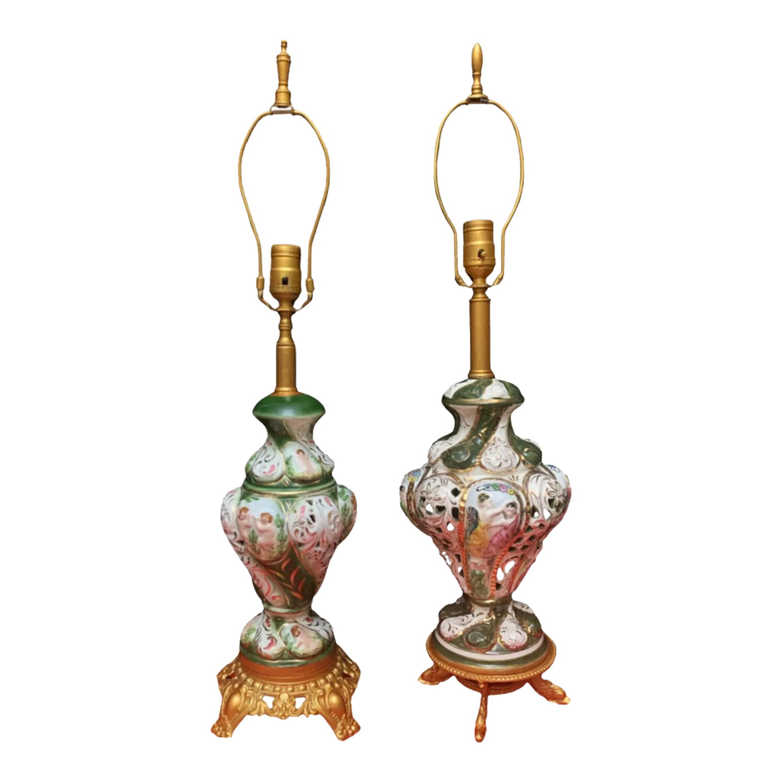 Mid-Century Capodimonte Green Porcelain Table Lamps: Cherub Maidens a Pair: These two midcentury Capodimonte table lamps showcase the exquisite craftsmanship of Italian artisans. Each lamp features a curvaceous porcelain body that elegantly narrows at both the neck and base,