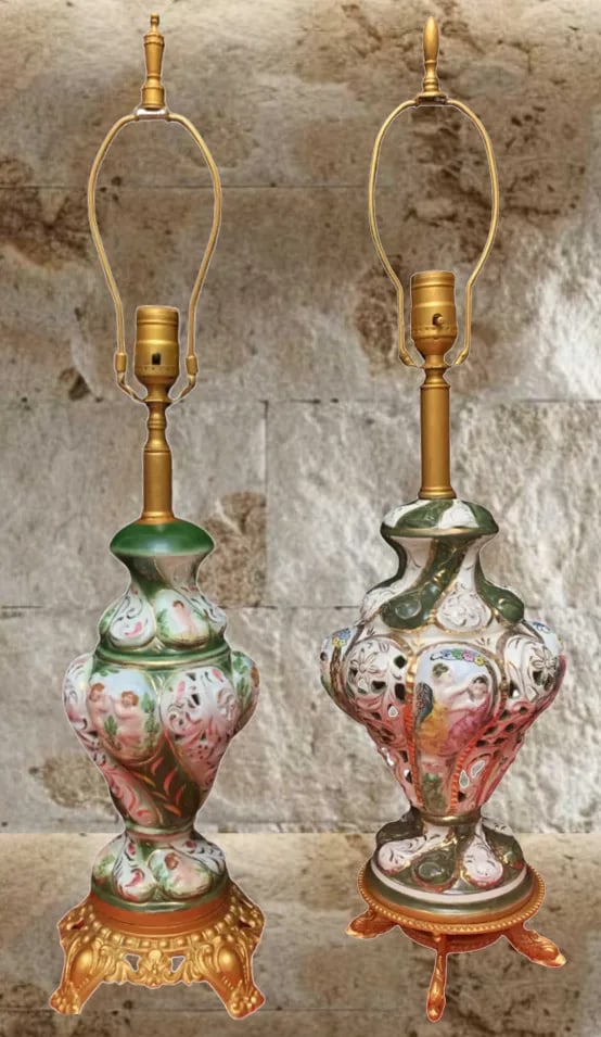 Mid-Century Capodimonte Green Porcelain Table Lamps: Cherub Maidens a Pair - 2