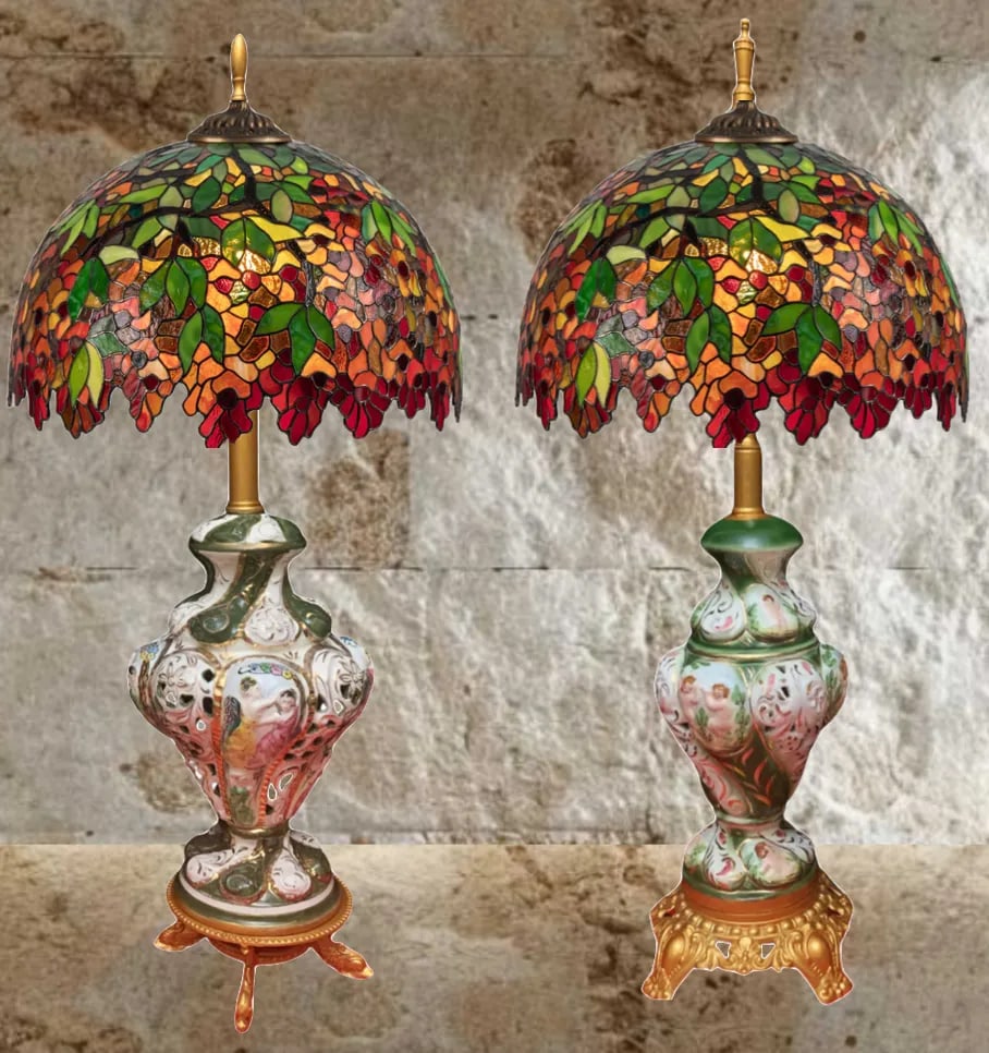 Mid-Century Capodimonte Green Porcelain Table Lamps: Cherub Maidens a Pair - 6