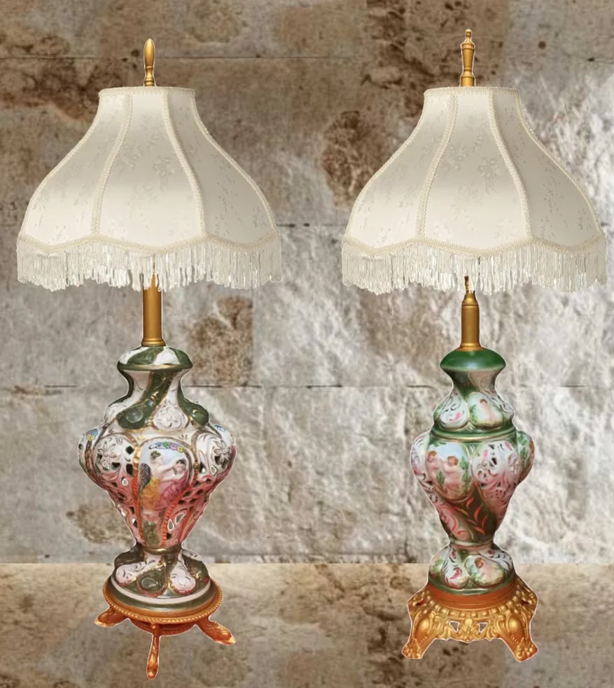 Mid-Century Capodimonte Green Porcelain Table Lamps: Cherub Maidens a Pair - 8