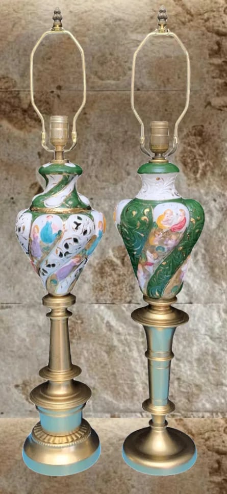 Mid-Century Capodimonte Porcelain Table Lamps- Maidens & Cherubs: A Pair - 2