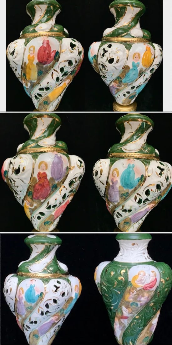 Mid-Century Capodimonte Porcelain Table Lamps- Maidens & Cherubs: A Pair - 3