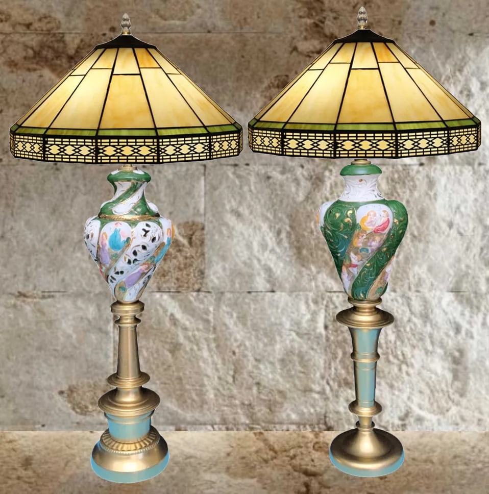 Mid-Century Capodimonte Porcelain Table Lamps- Maidens & Cherubs: A Pair - 4
