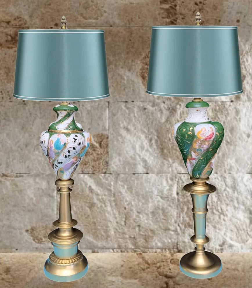 Mid-Century Capodimonte Porcelain Table Lamps- Maidens & Cherubs: A Pair - 6