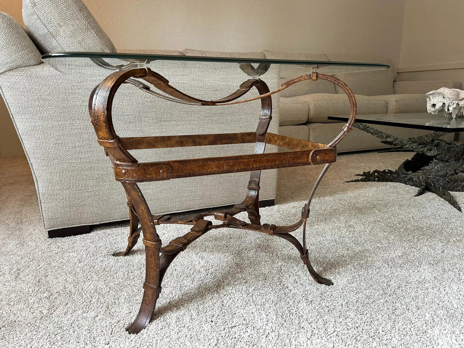 1980s Vintage Hermes Adnet Style Iron Faux Leather Strap Equestrian End Table - 10