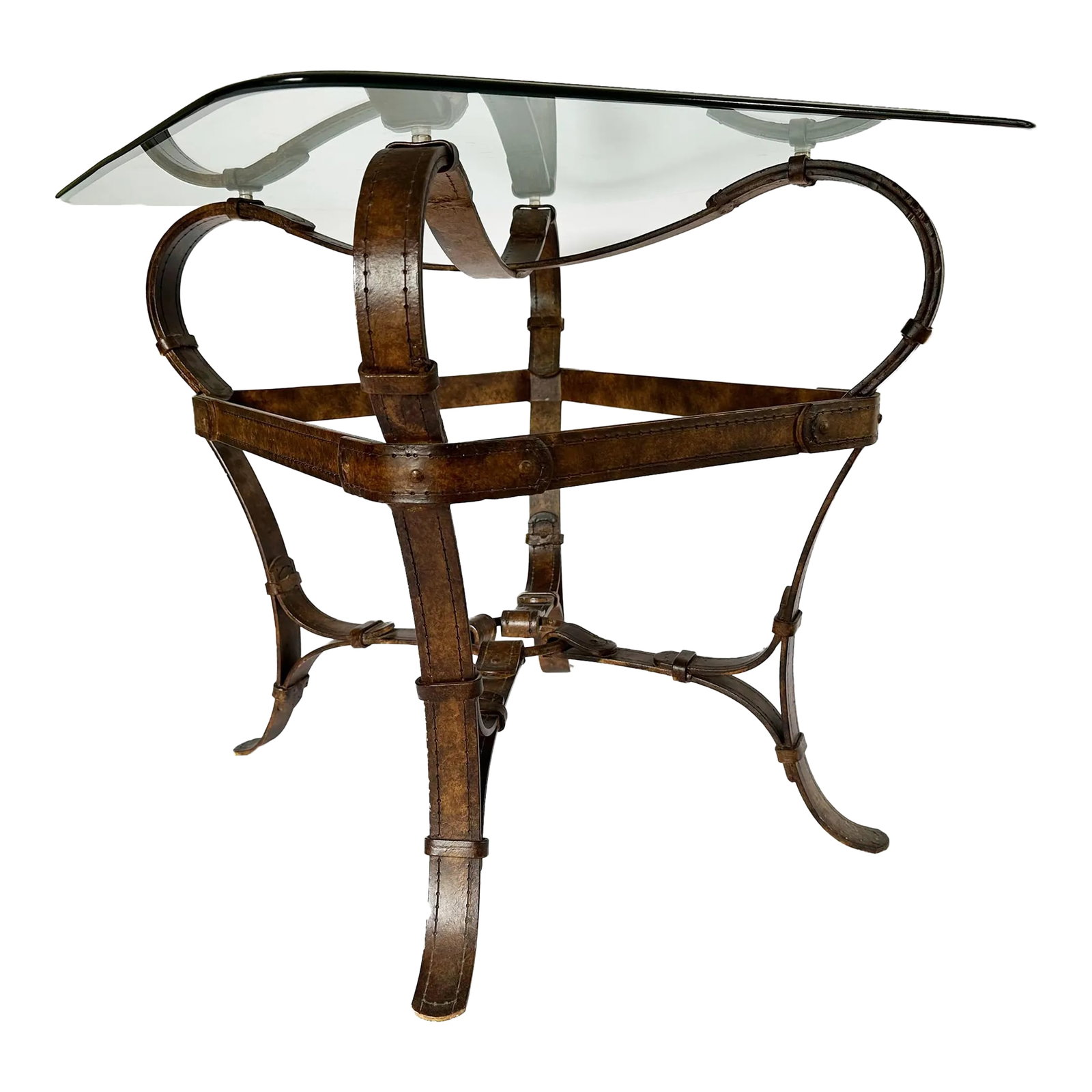 1980s Vintage Hermes Adnet Style Iron Faux Leather Strap Equestrian End Table - 11
