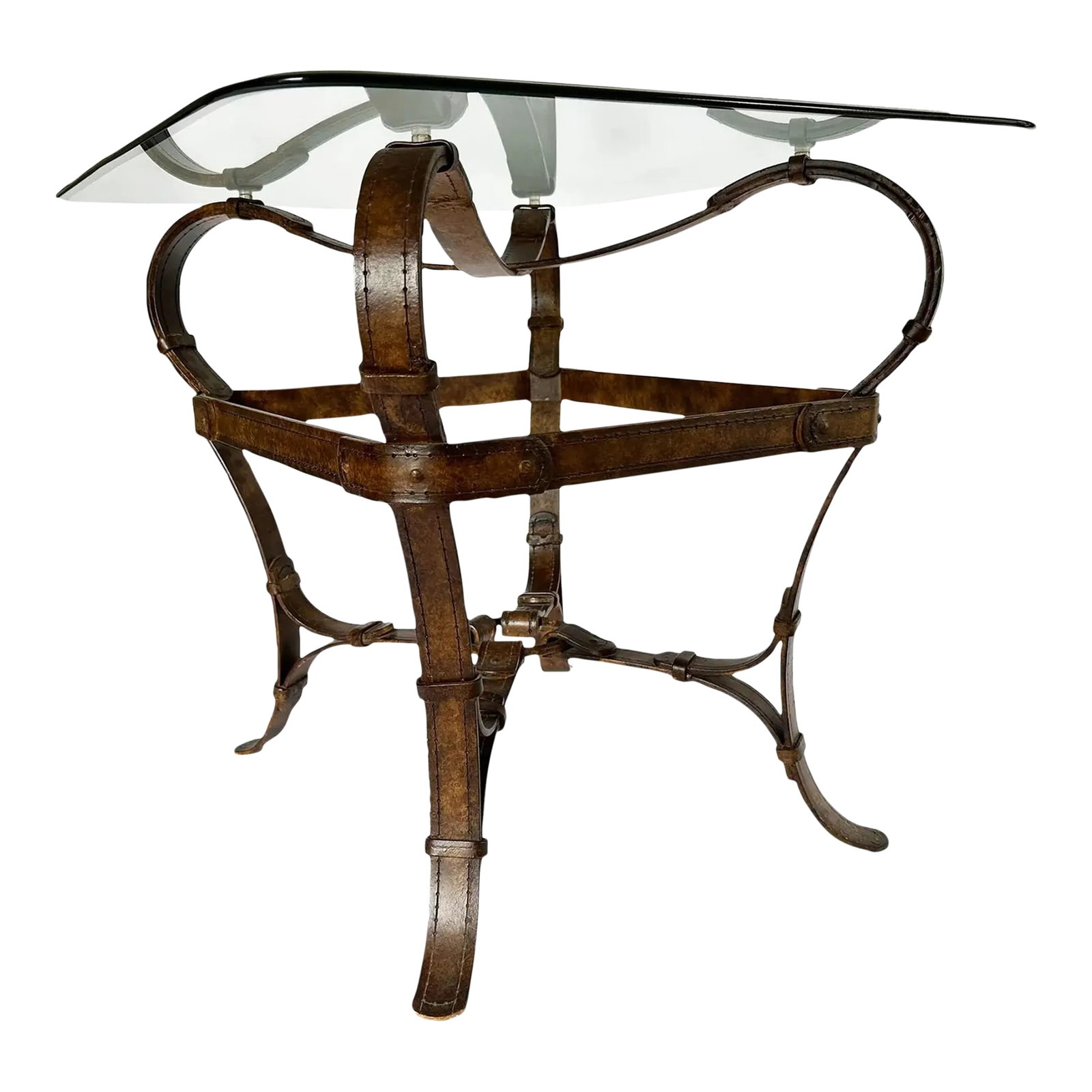 1980s Vintage Hermes Adnet Style Iron Faux Leather Strap Equestrian End Table: A sophisticated equestrian design to a T, this forged iron side table is sculpted in the style of Jacques Adnet or Hermes to mimic bridle harness leather. Attention to detail in the design includes a 