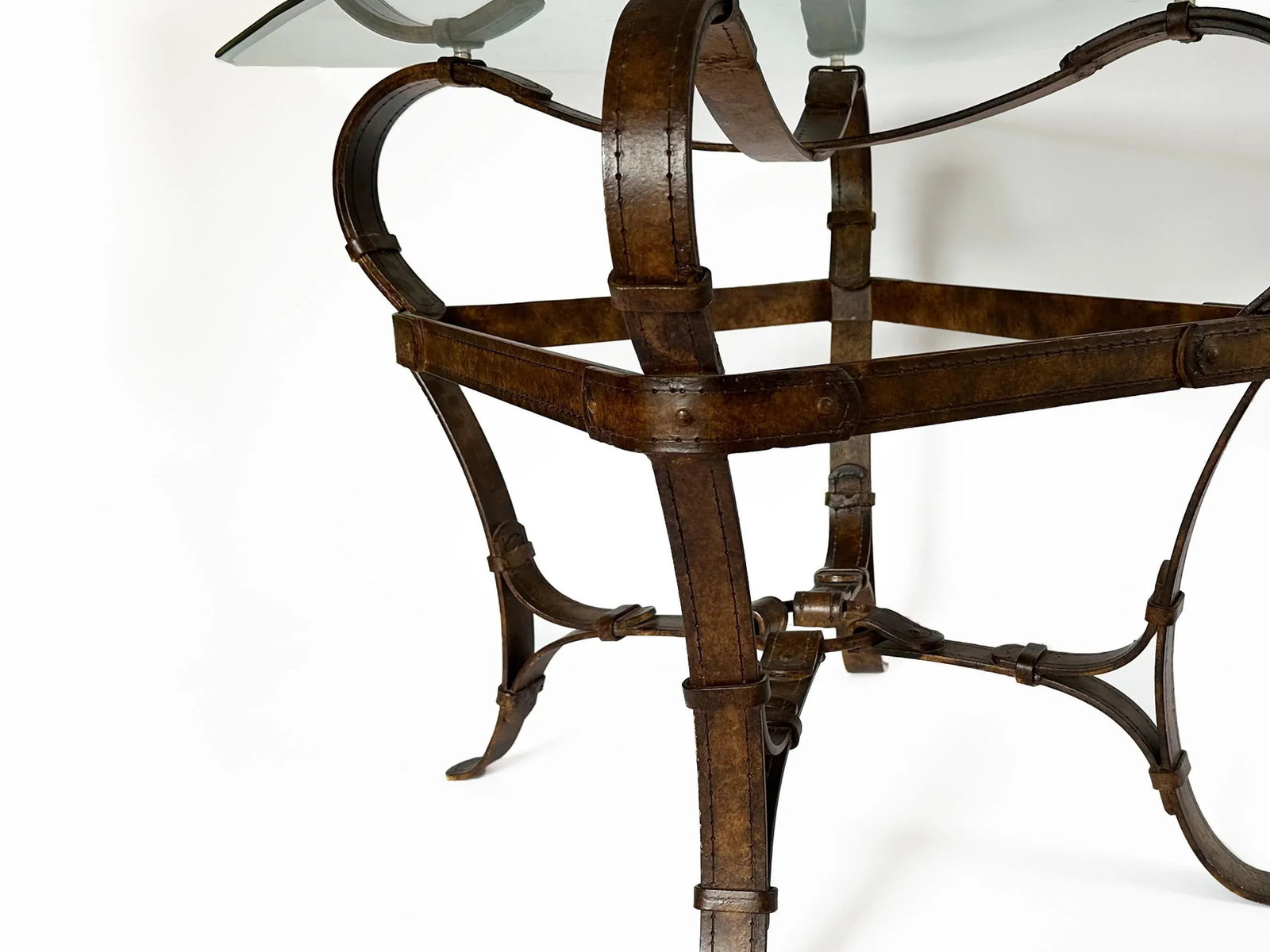 1980s Vintage Hermes Adnet Style Iron Faux Leather Strap Equestrian End Table - 3