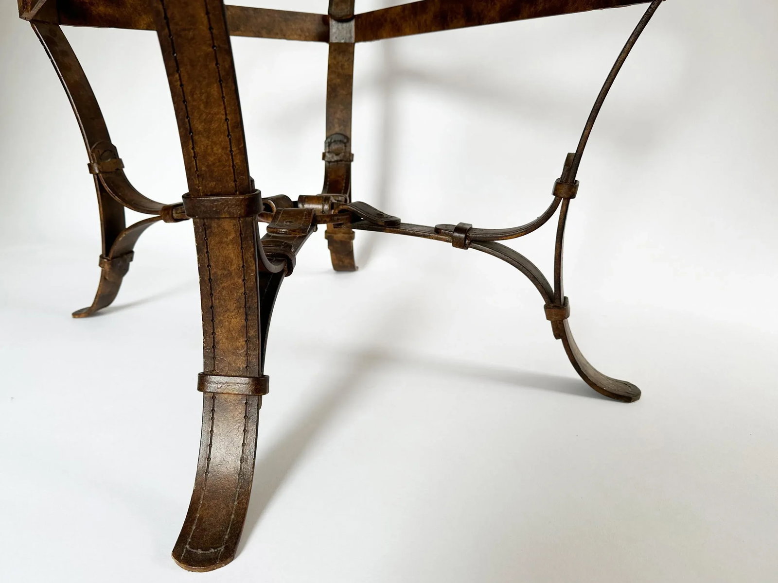 1980s Vintage Hermes Adnet Style Iron Faux Leather Strap Equestrian End Table - 6