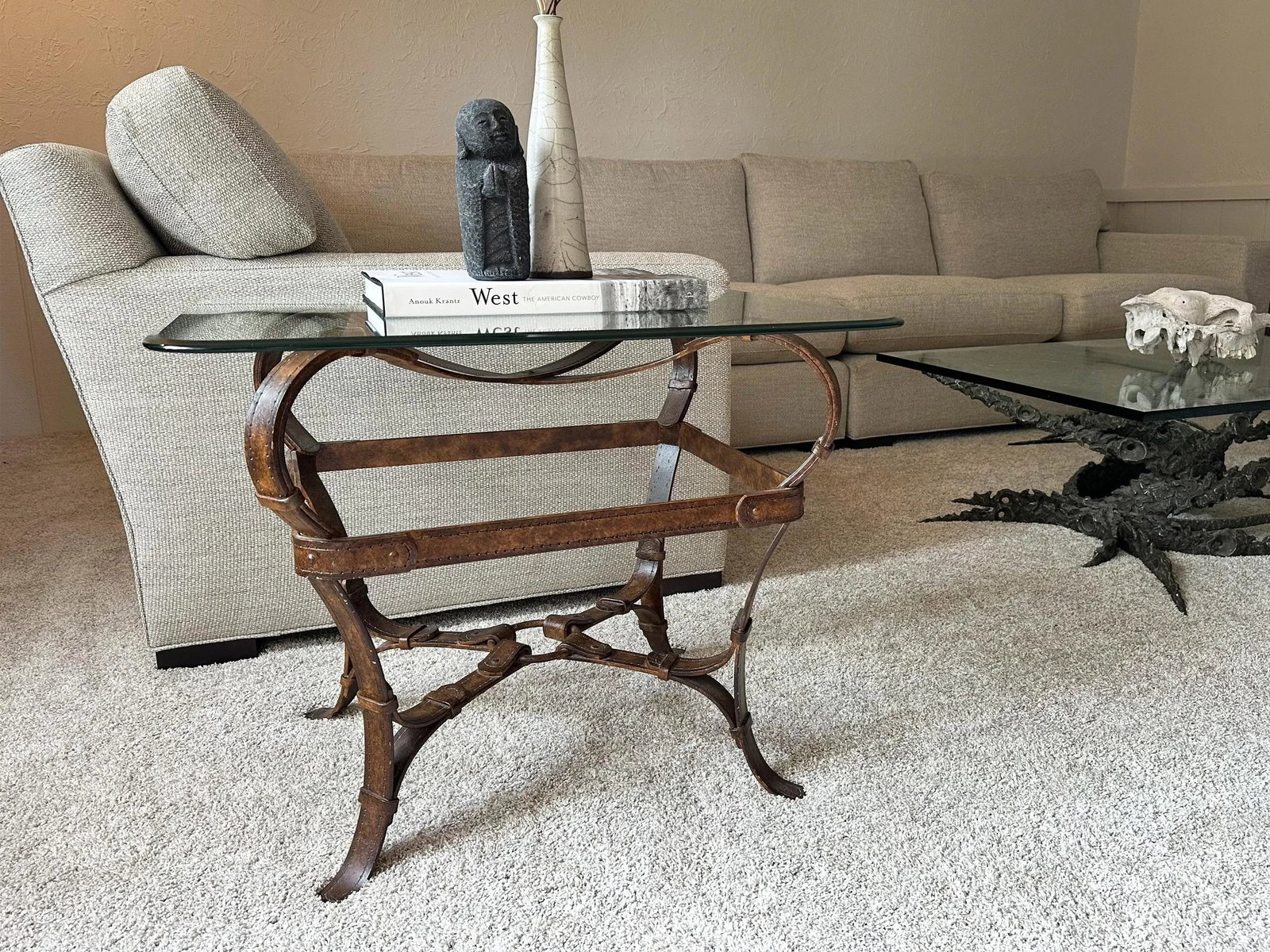 1980s Vintage Hermes Adnet Style Iron Faux Leather Strap Equestrian End Table - 7