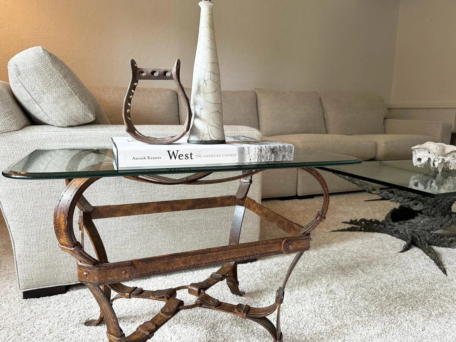 1980s Vintage Hermes Adnet Style Iron Faux Leather Strap Equestrian End Table - 9