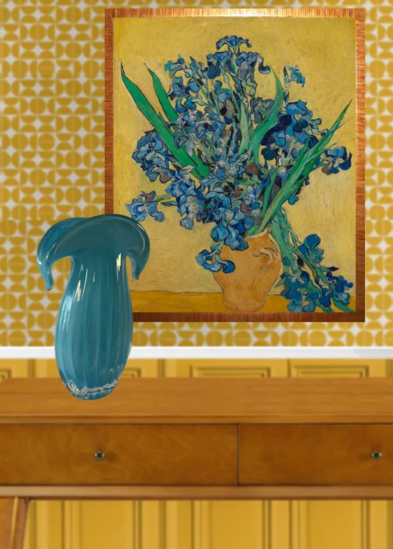 Murano Aqua Art Glass Fluted Crescent Wing Lip Vase - 11