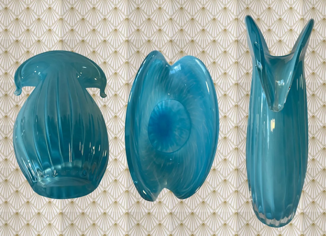 Murano Aqua Art Glass Fluted Crescent Wing Lip Vase - 12