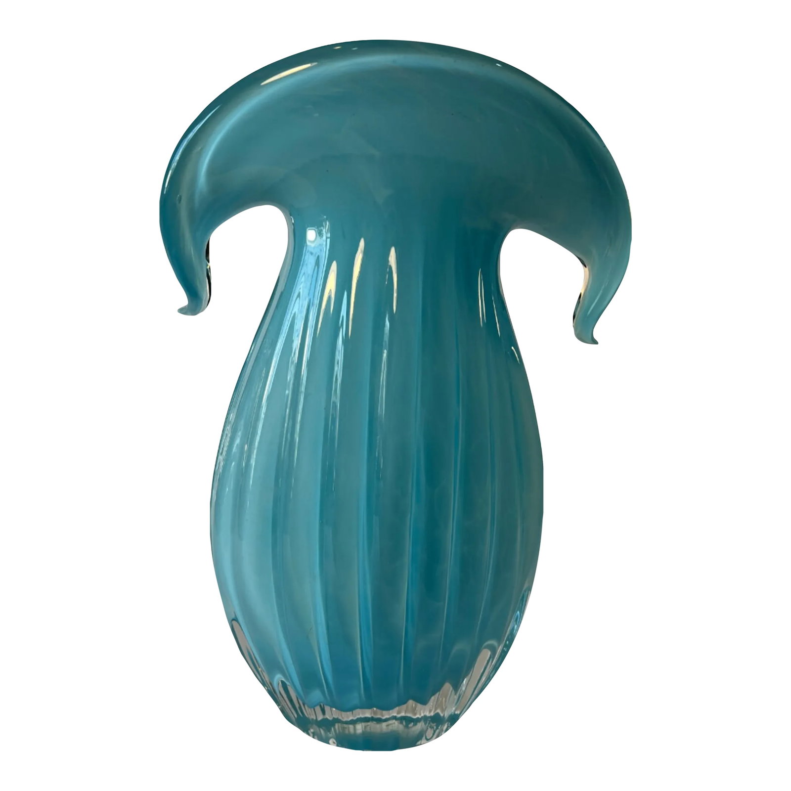 Murano Aqua Art Glass Fluted Crescent Wing Lip Vase: This exquisite Murano hand-blown art glass vase is a true testament to the exceptional craftsmanship of skilled artisans in Murano, Italy. Standing at 12.5 inches tall, it features a captivating