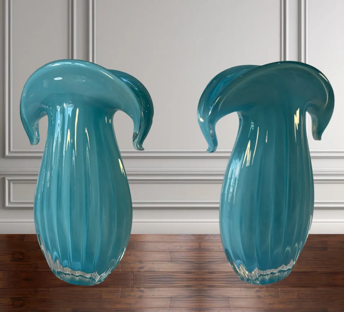 Murano Aqua Art Glass Fluted Crescent Wing Lip Vase - 2