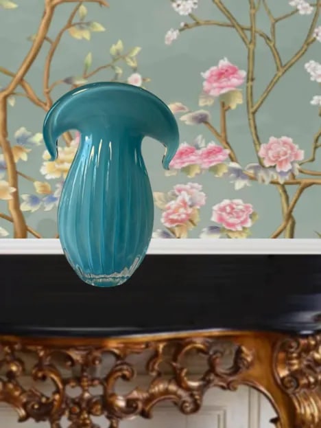 Murano Aqua Art Glass Fluted Crescent Wing Lip Vase - 5