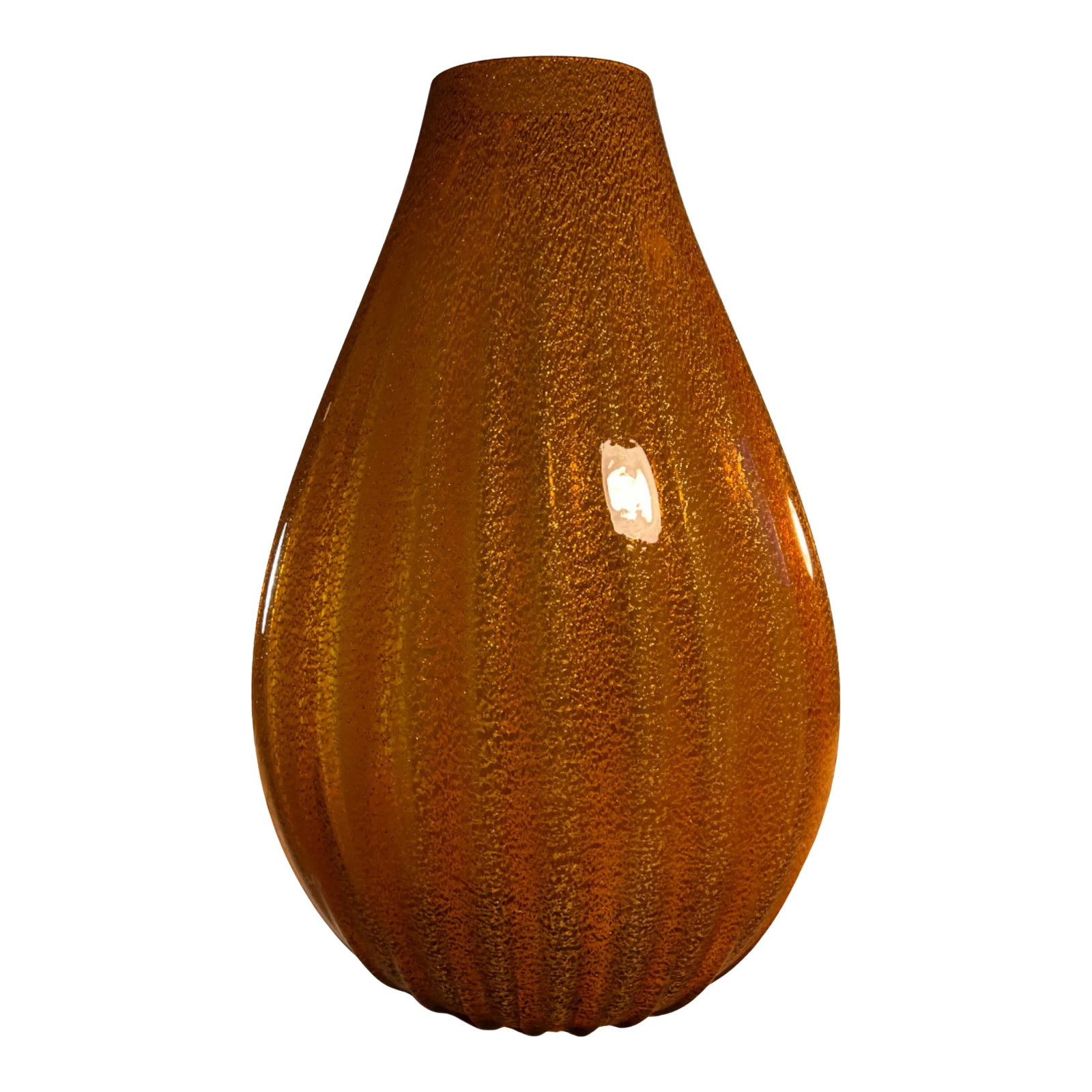 Vintage Murano Aventurine Art Glass Amber Vase: This stunning 16-inch Murano Art Glass vase is a true masterpiece, hand-blown by celebrated artisans from Italy. Crafted using the exquisite aventurine technique, it features a mesmerizing gold