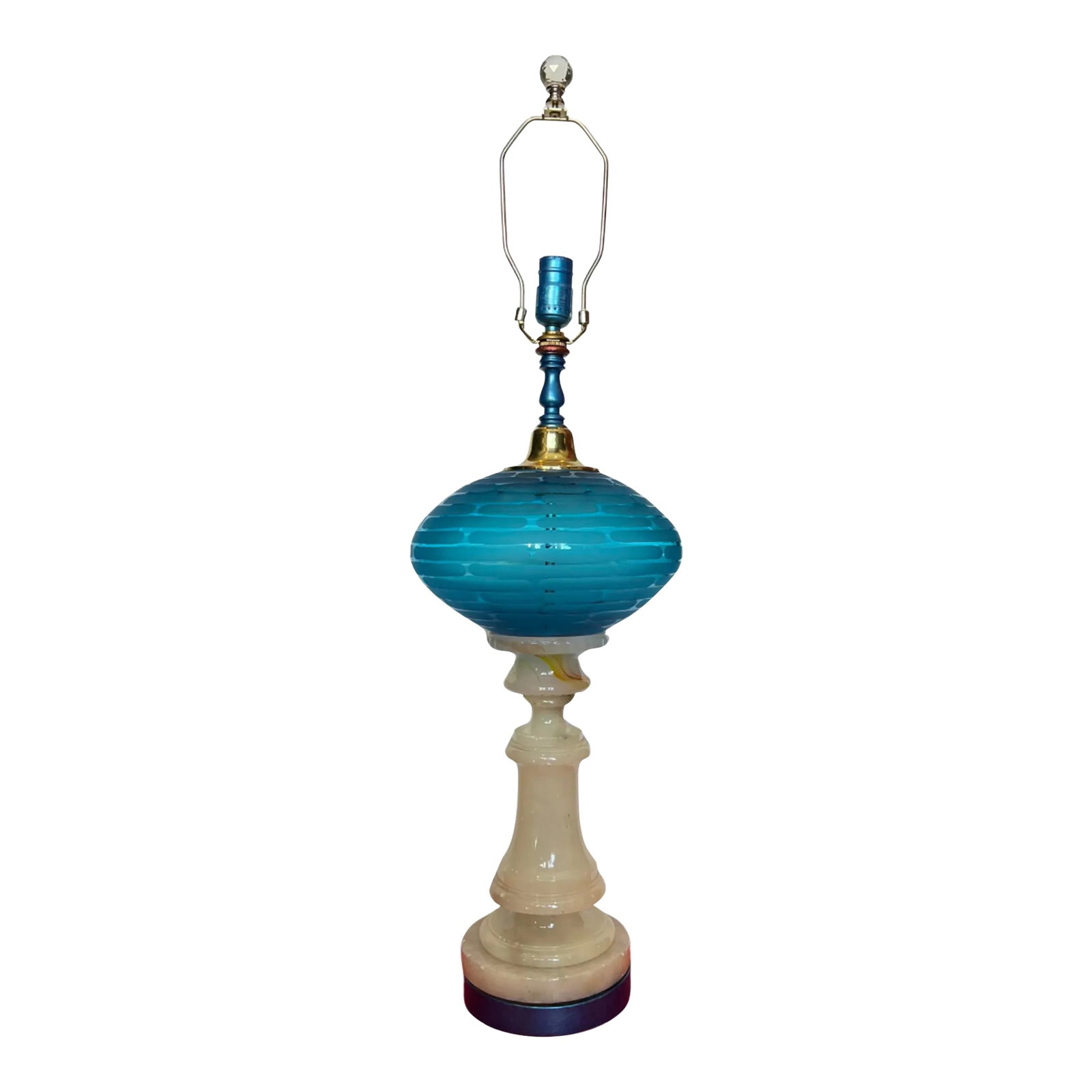 Aqua Art Glass Elliptical Orb Alabaster Column Table Lamp: This exquisite, one-of-a-kind lamp is a stunning fusion of craftsmanship and artistry, showcasing a hand-carved alabaster column paired with a hand-blown aqua glass orb. The mid-century alabaster