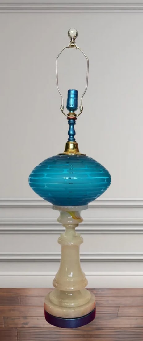Aqua Art Glass Elliptical Orb Alabaster Column Table Lamp - 3