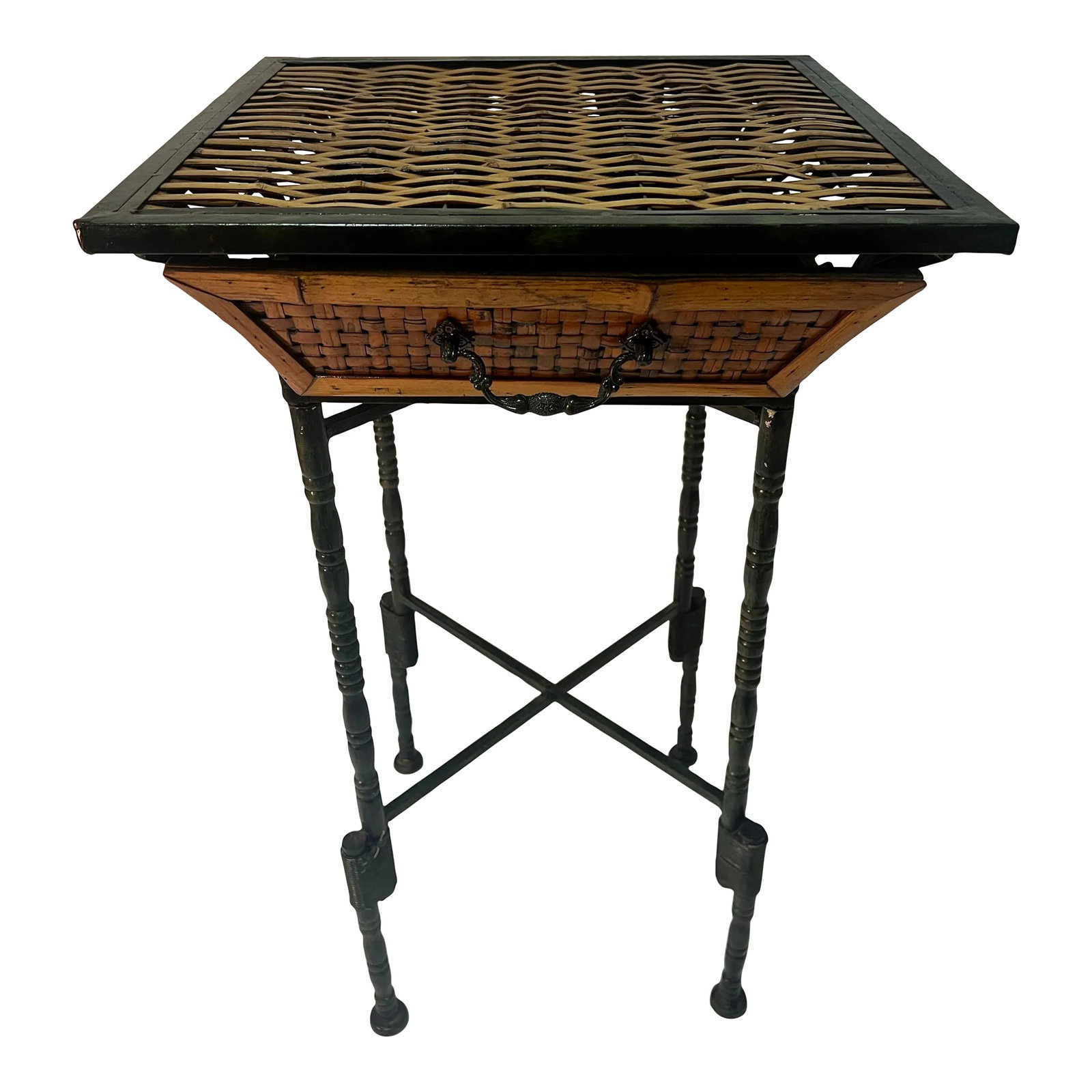 Vintage Burnt Bamboo and Rattan Side Table With Verdigris Faux Bamboo Foldable Metal Stand (1 of 8)