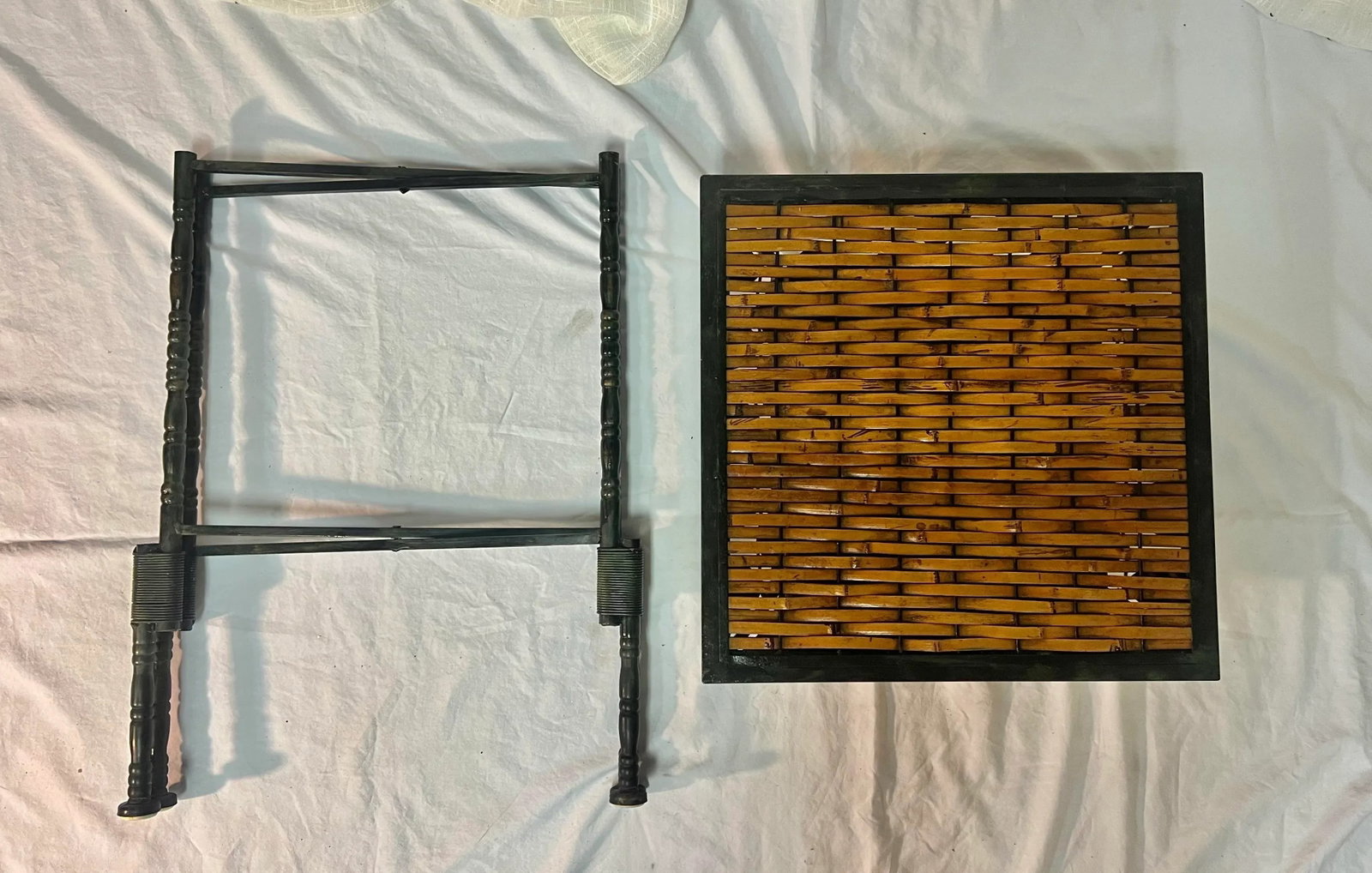 Vintage Burnt Bamboo and Rattan Side Table With Verdigris Faux Bamboo Foldable Metal Stand - 8