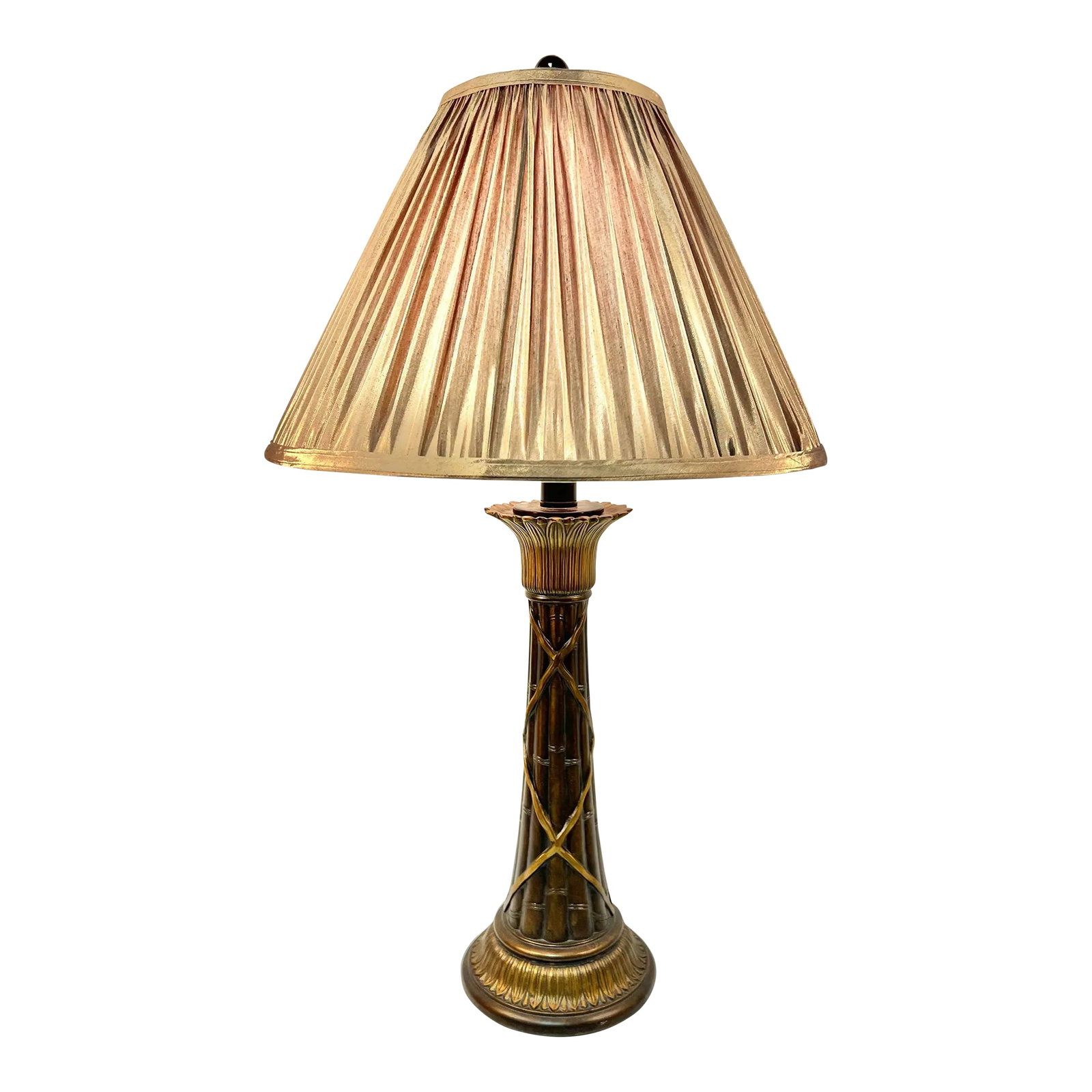 Vintage French Empire Neoclassical Faux Bamboo Tole Column Table Lamp and Empire Pleated Silk Shade: Elevate Your Space with a Vintage French Empire Neoclassical Faux Bamboo Tole Column Table Lamp and Empire Pleated Silk Shade by Quoizel Step into a world of elegance with this Vintage French Empire