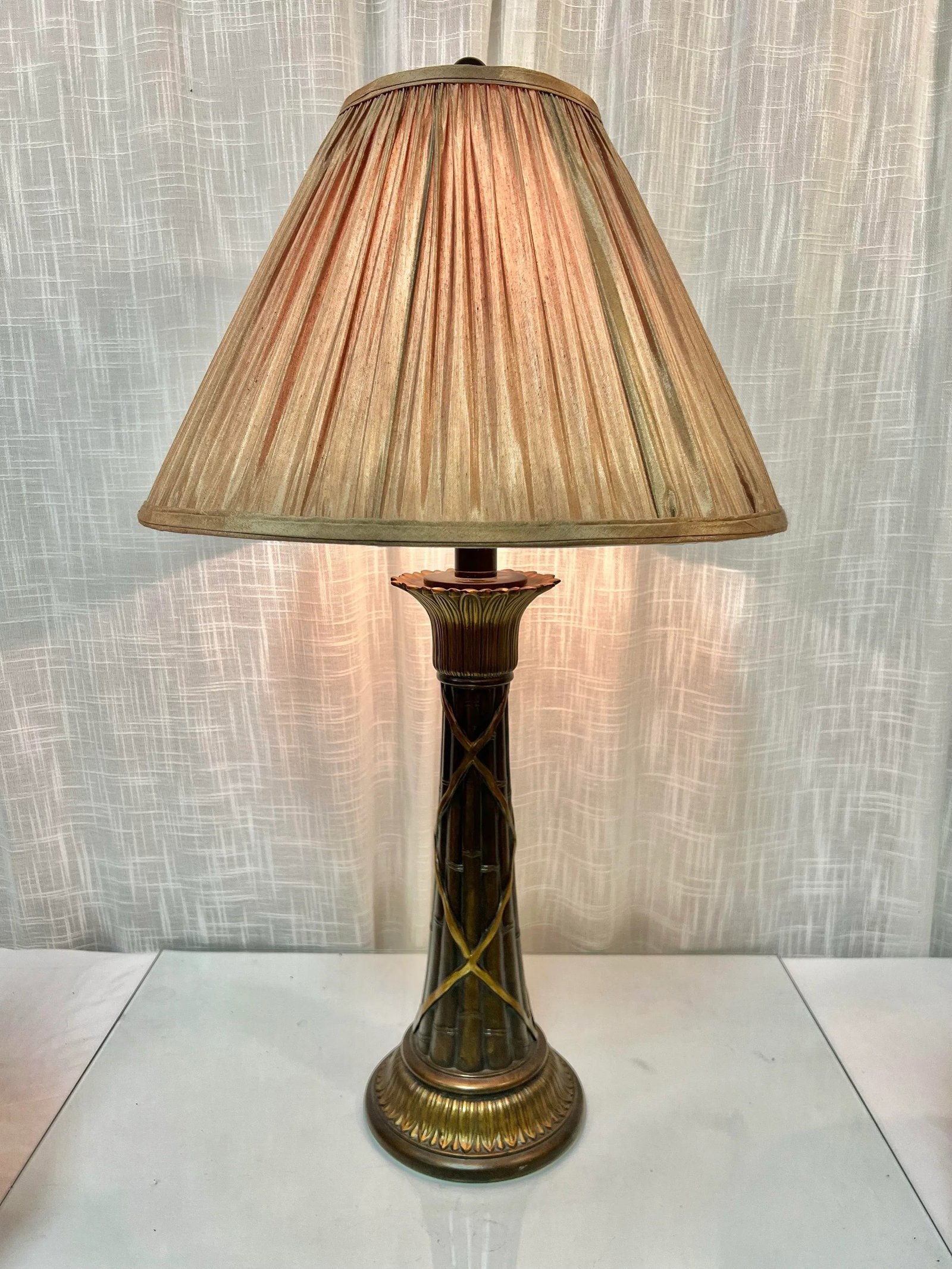 Vintage French Empire Neoclassical Faux Bamboo Tole Column Table Lamp and Empire Pleated Silk Shade - 3