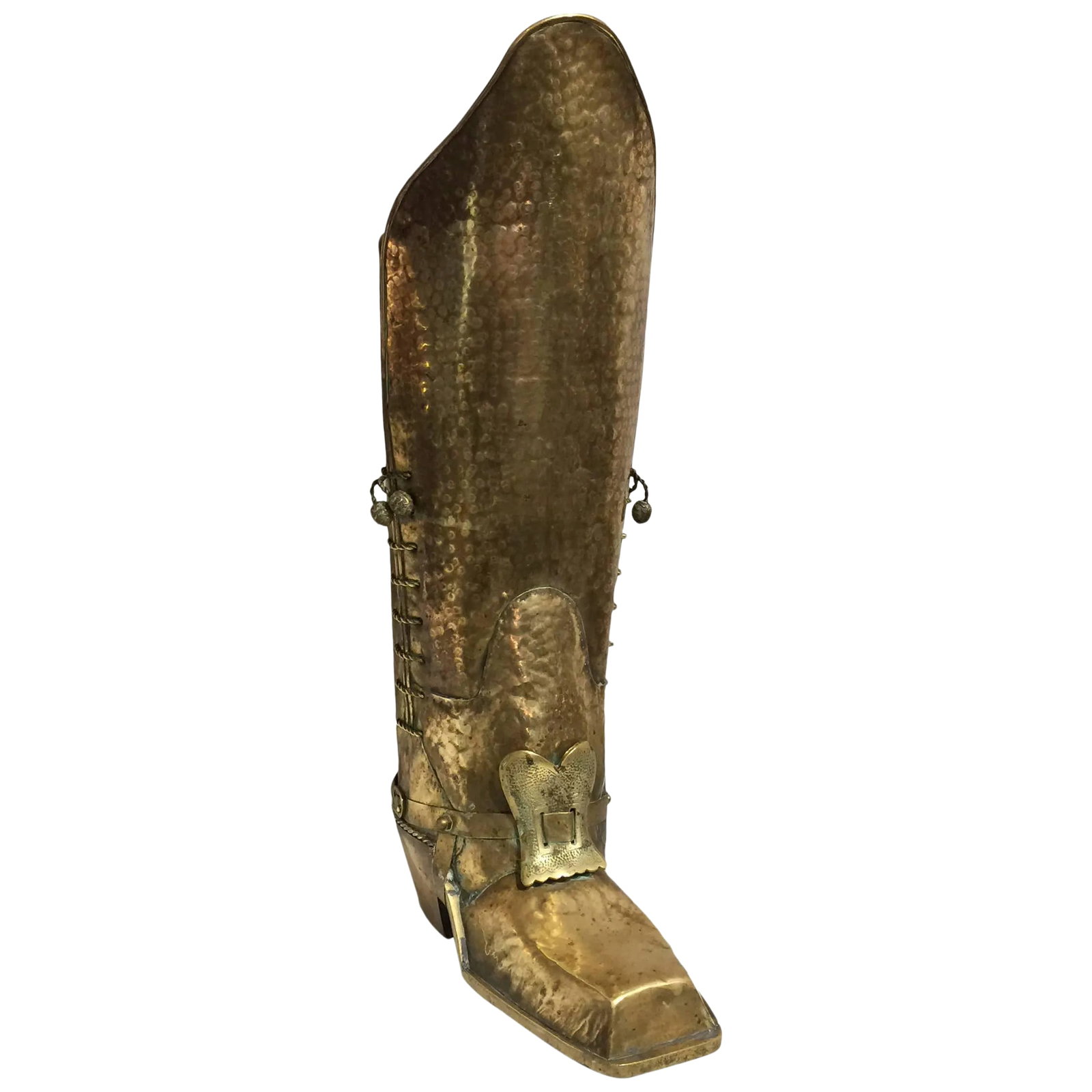 Patinated Brass Boot Shaped Umbrella Stand, Italy, 1960s: One of a kind patinated and hammered brass sheet umbrella stand in shape of boot. Italian, 1960s. Condition: Alterations: Original Condition Unaltered Imperfections: Some Imperfections Condition