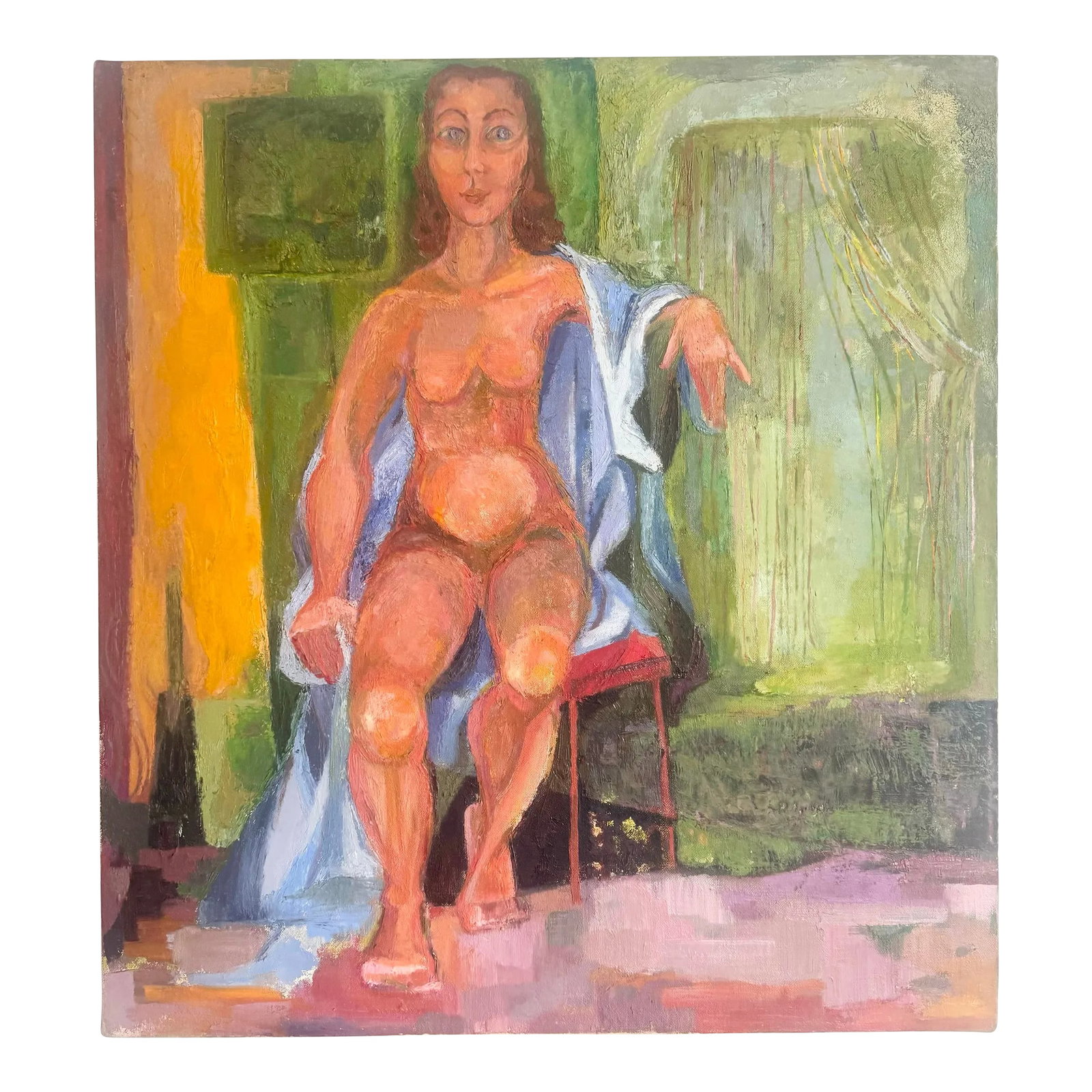 Vintage Original Oil Painting of Nude Woman Sitting: This vintage original oil painting of a nude woman sitting is a striking portrayal of form and color. The bold brushstrokes and vibrant palette create a dynamic and expressive composition, capturing