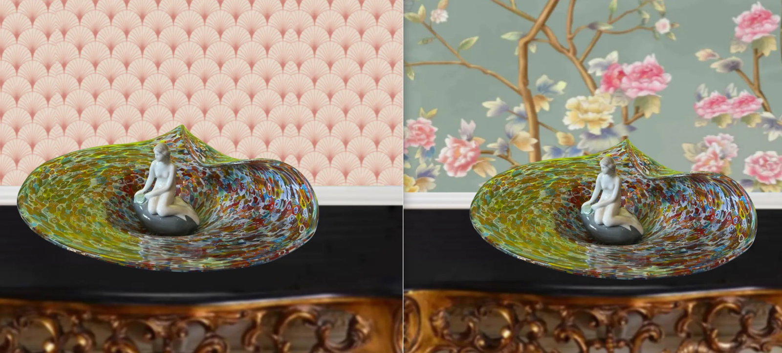 Royal Copenhagen Porcelain Little Mermaid and Venetian Millefiori Glass Centerpiece Bowl- a Set - 10