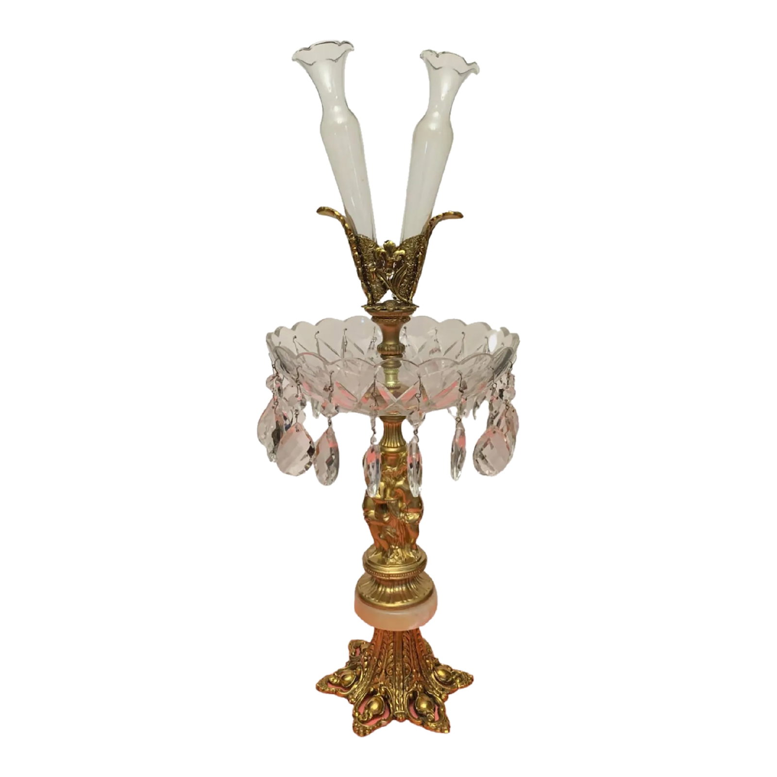 Vintage Filigree Ormolu Crystal Epergne Centerpiece Bowl: This exquisite gold toned filigree ormolu epergne is a masterful blend of intricate timeless craftsmanship and luxurious materials. The ornate filigree ormolu base features a scrolled, perforated