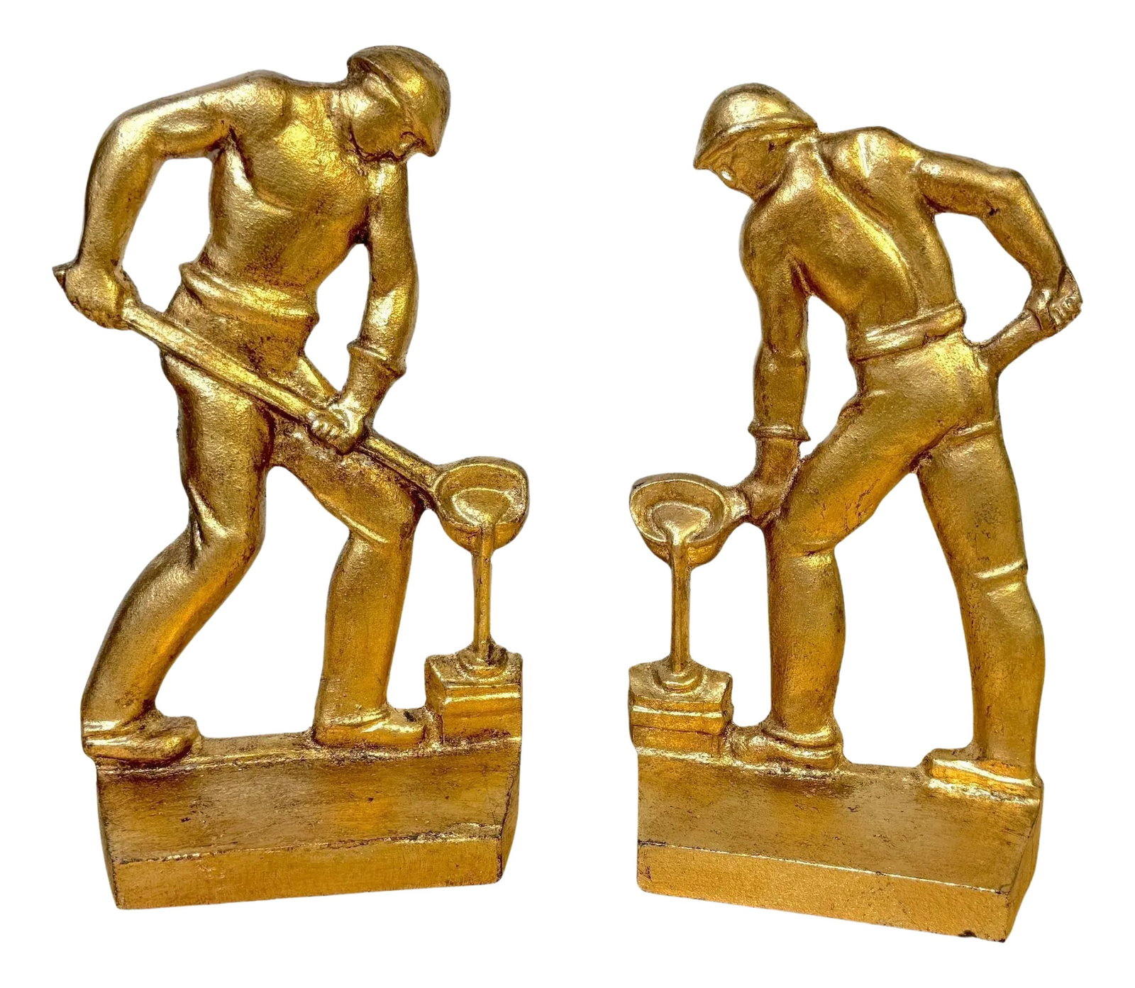 Art Deco Gilt Iron WPA Style Foundry Men Bookends Signed NMF 1936 - a Pair: Pair of Art Deco Gilt Iron WPA Style Foundry Men Bookends Signed NMF 1936 USA, 1936 A rare and striking pair of Art Deco gilt iron bookends, crafted in 1936 during the WPA era and American Deco
