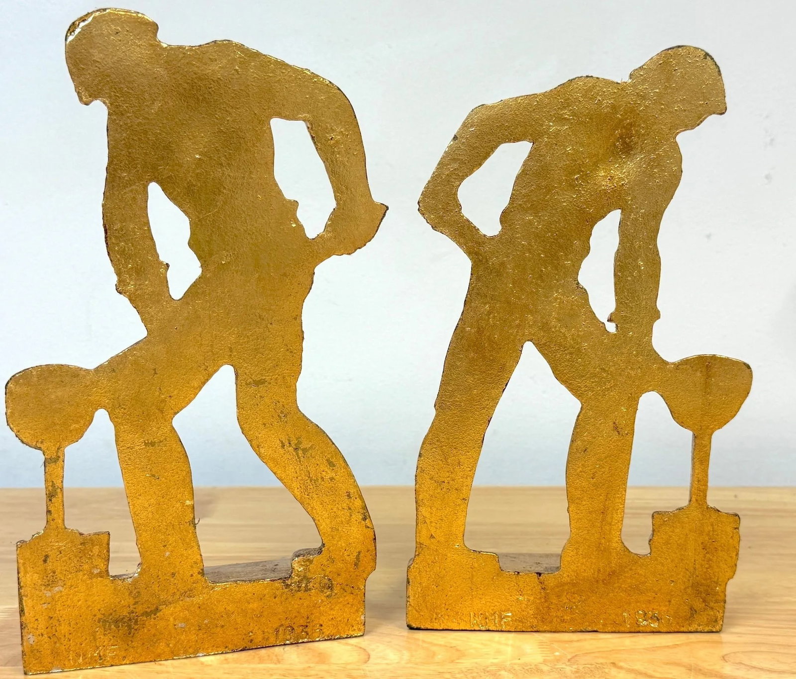 Art Deco Gilt Iron WPA Style Foundry Men Bookends Signed NMF 1936 - a Pair - 9