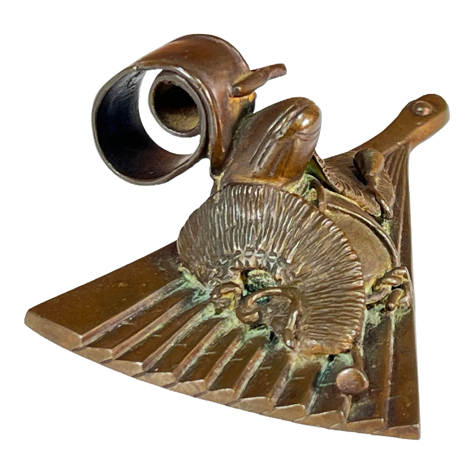 Antique 19th C. Japanese Bronze Fan Paperweight: Fabulous antique late 19th century Japanese bronze paperweight depicting a traditional Japanese folding fan with various items on top of it. It measures 4 1/2" wide, 3" deep and 1 3/4" tall. It is in