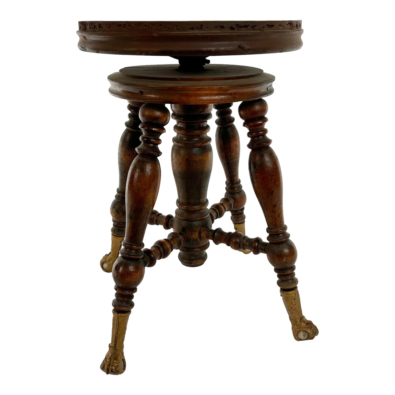 1900s Antique Victorian Style Wood Piano Stool: Bring a charming vintage touch to your writing nook or hallway desk with this antique Victorian piano stool. It features turned legs, medium brown tones and patina character to the original wood
