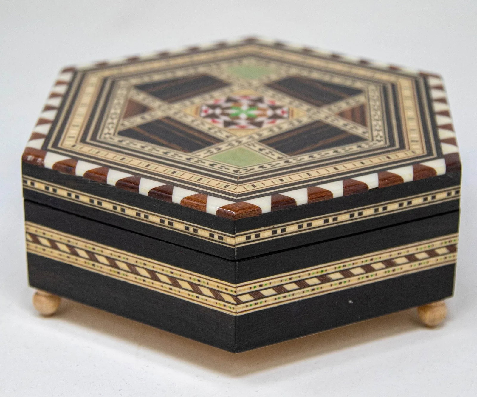 Mosaic Marquetry Moorish Octagonal Footed Music Box Granada Spain 1950 - 12