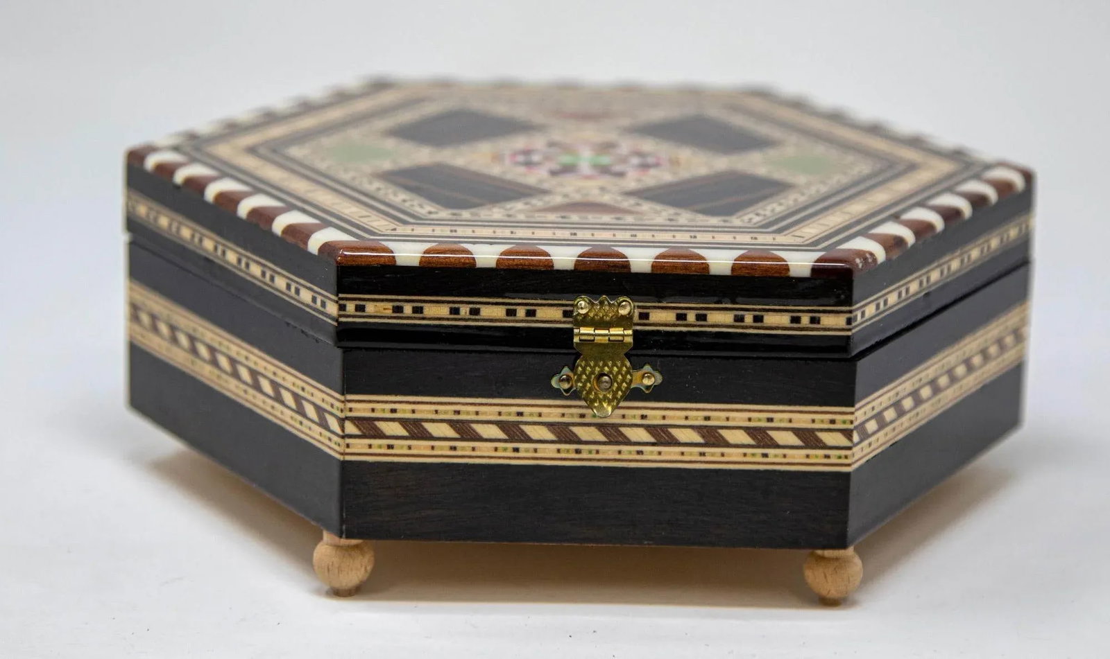 Mosaic Marquetry Moorish Octagonal Footed Music Box Granada Spain 1950 - 2