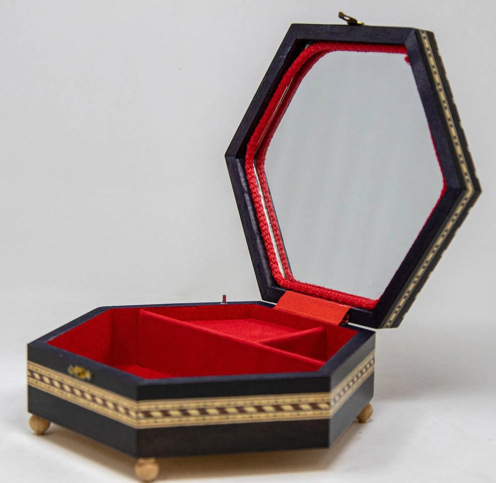 Mosaic Marquetry Moorish Octagonal Footed Music Box Granada Spain 1950 - 3
