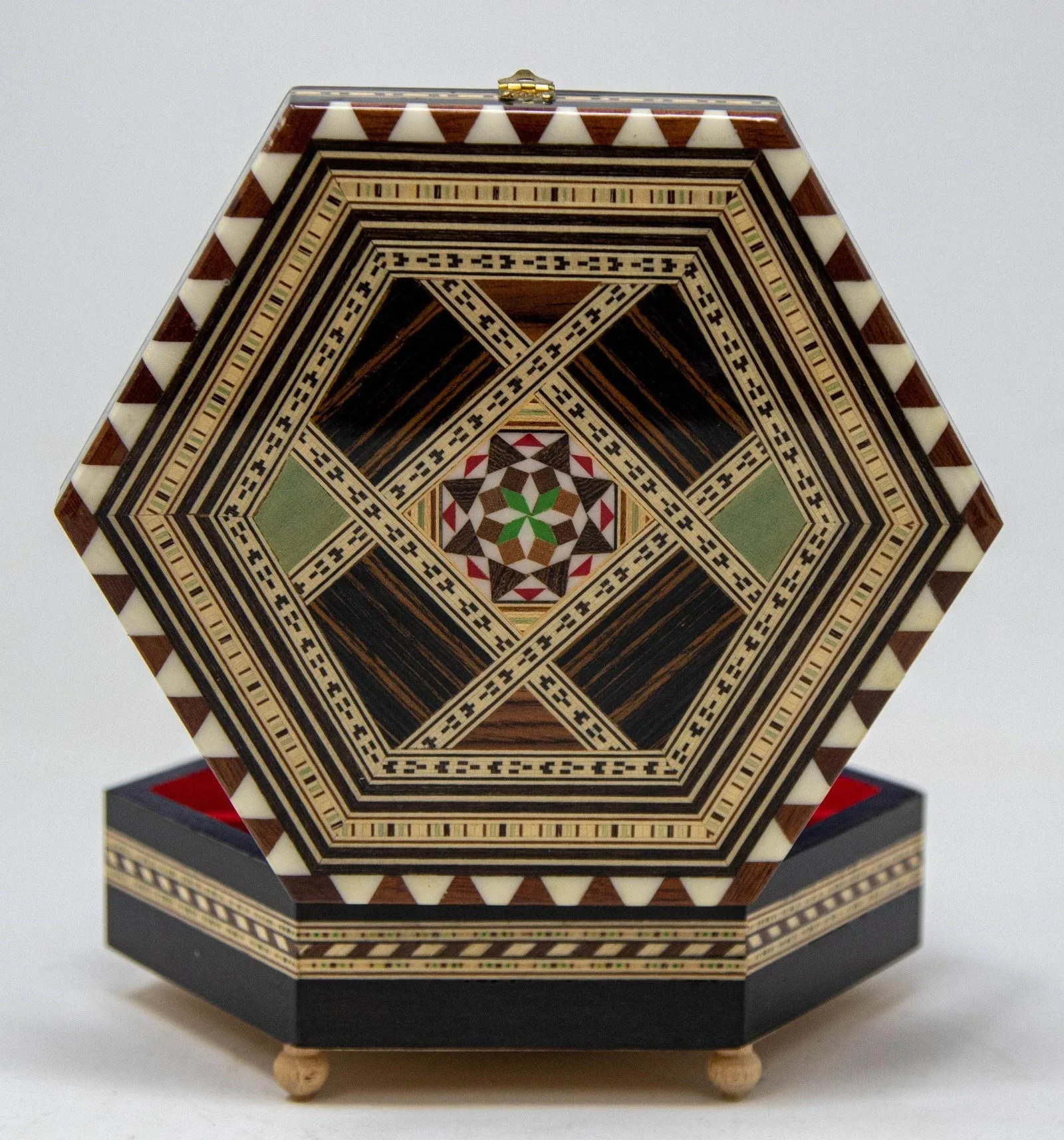 Mosaic Marquetry Moorish Octagonal Footed Music Box Granada Spain 1950 - 4