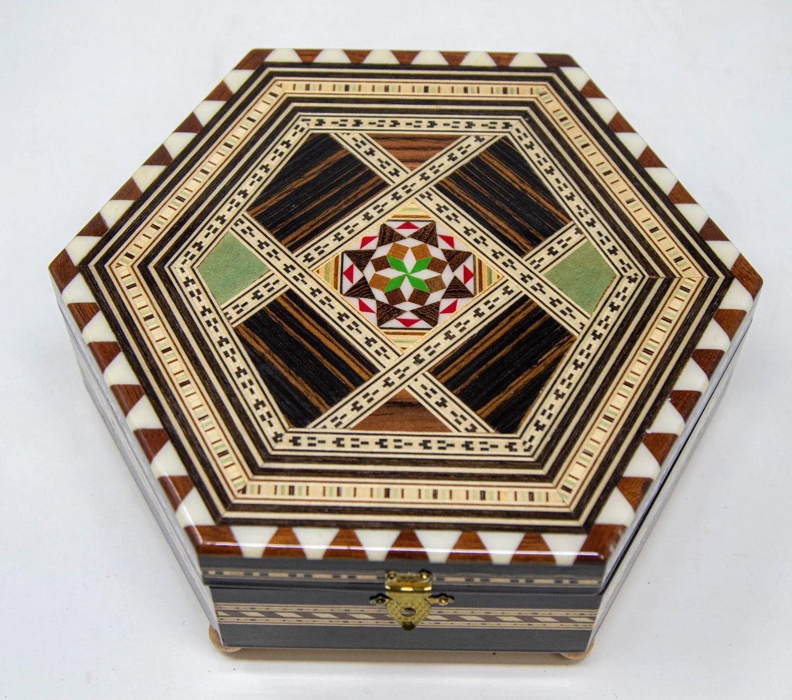 Mosaic Marquetry Moorish Octagonal Footed Music Box Granada Spain 1950 - 6