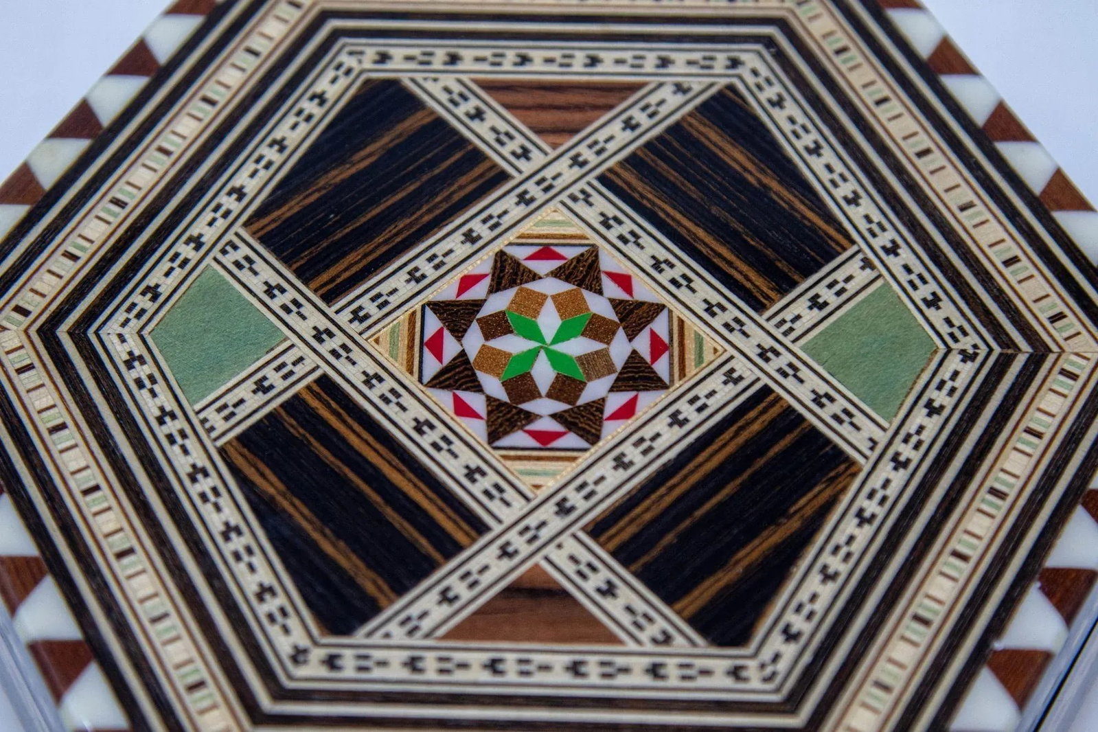 Mosaic Marquetry Moorish Octagonal Footed Music Box Granada Spain 1950 - 7