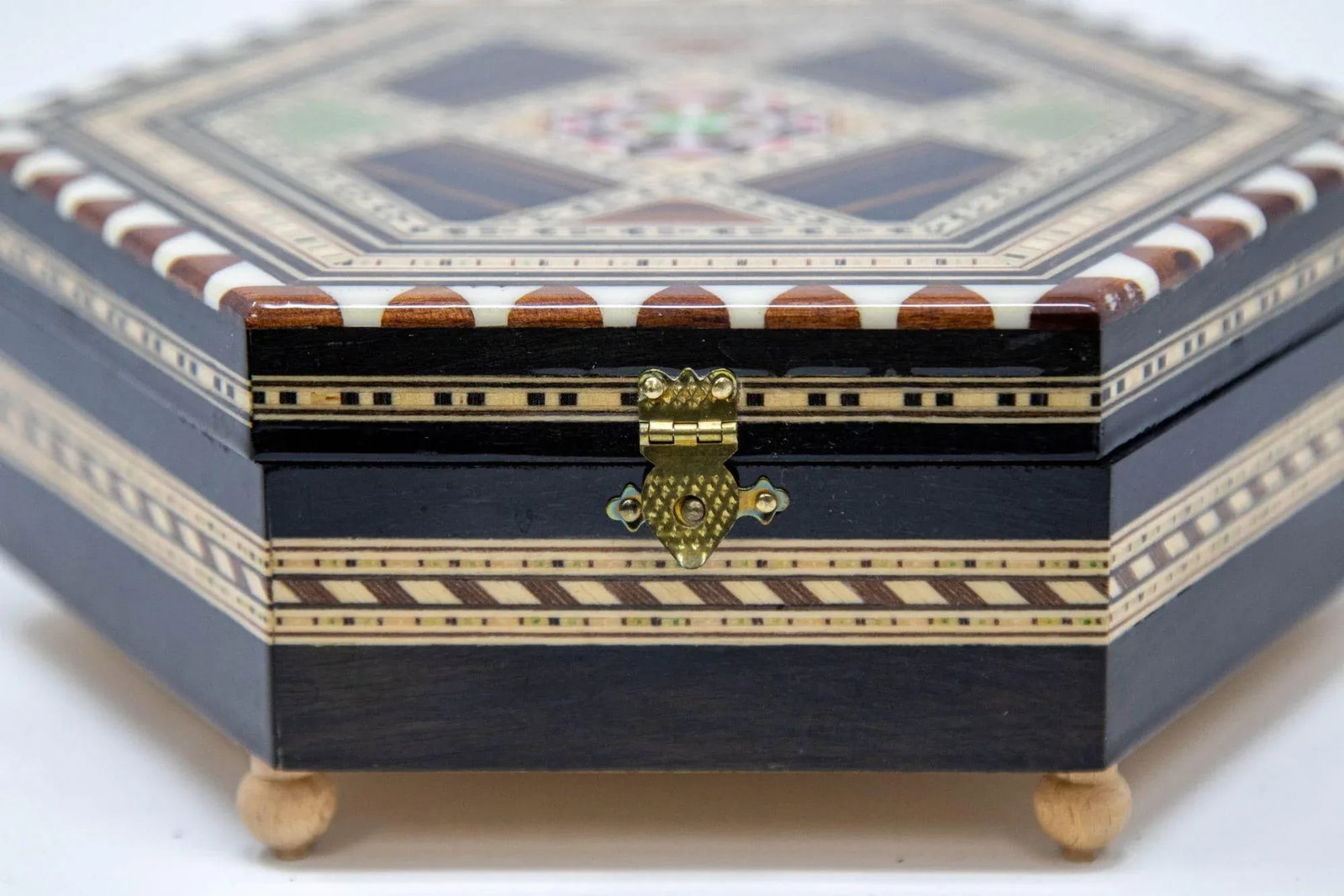 Mosaic Marquetry Moorish Octagonal Footed Music Box Granada Spain 1950 - 9
