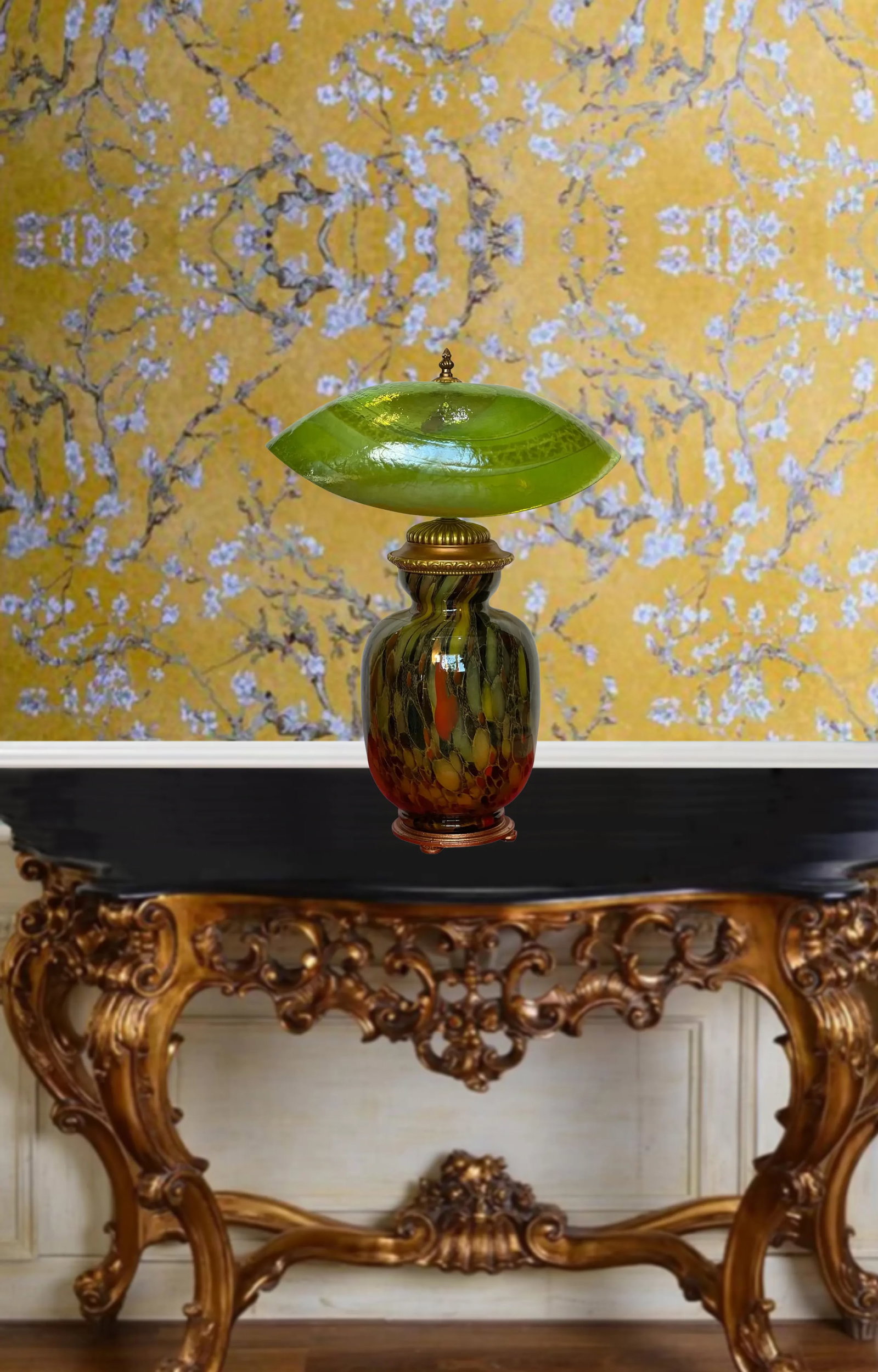 Murano Art Glass Abstract Green Mushroom Bronze Table Lamp - 4